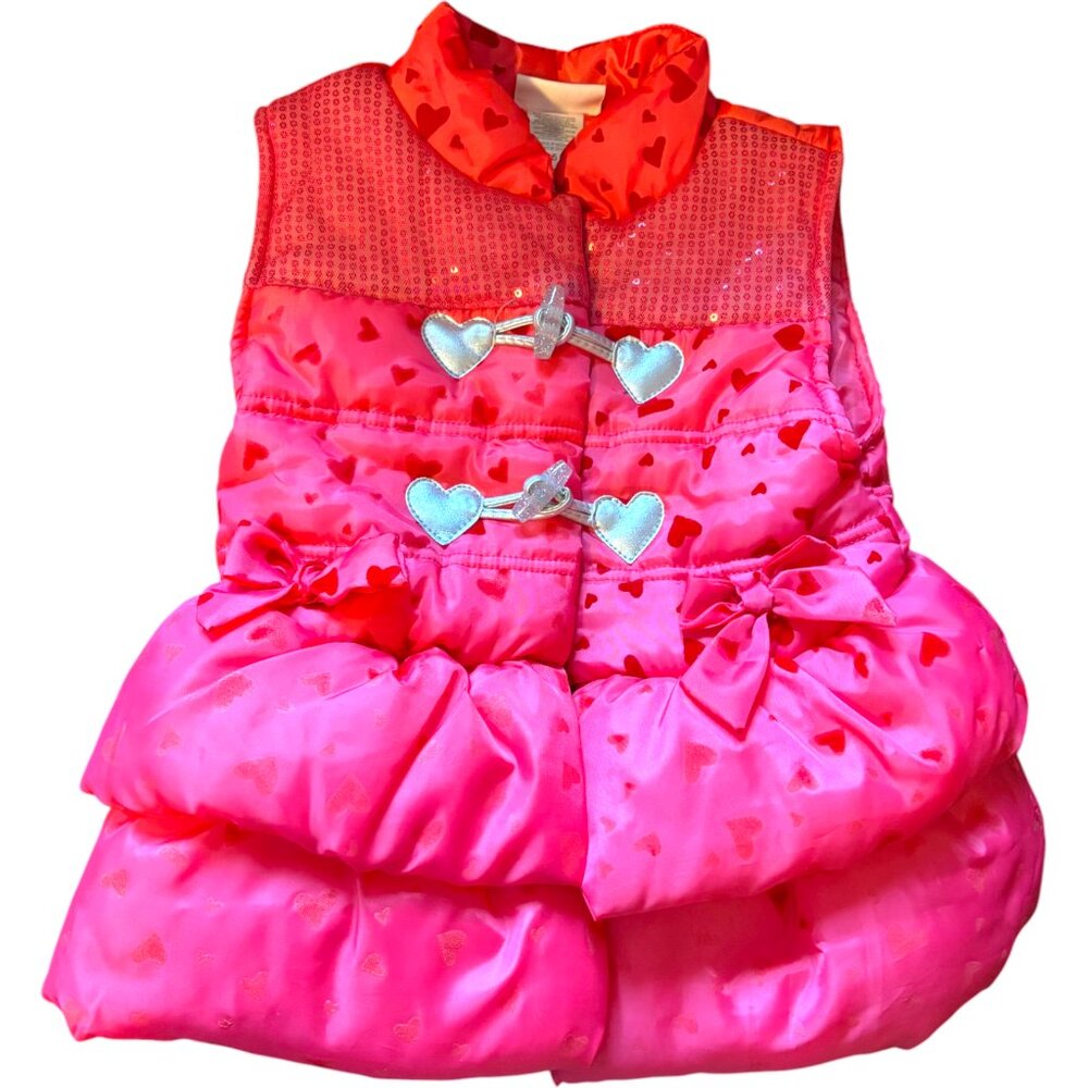 Little Lass girl's hot pink hearts bows ruffles full zip puffer vest sz‎ 5